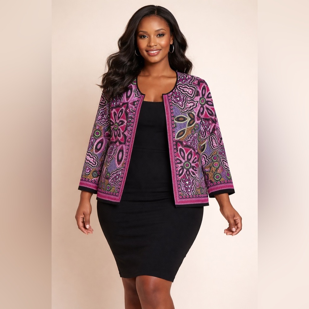R&K Originals, Pink and Black Patterned Women's open front cardigan, size 18W